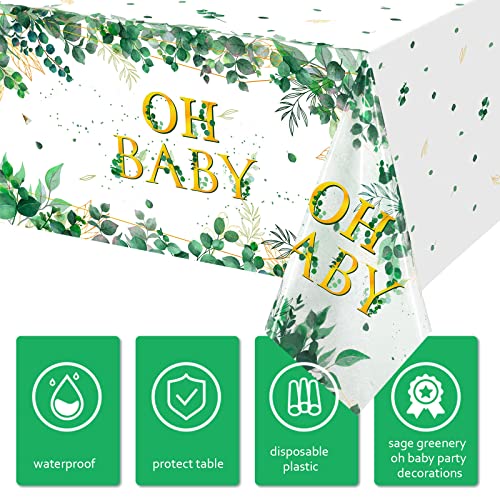 3 Packs Sage Greenery Oh Baby Plastic Tablecloths Baby Shower Party Decorations Eucalyptus Leaf Tablecloth Gold Foil Disposable Green Leaves Eucalyptus Table Cover for Home Sage Neutral Party Supplies