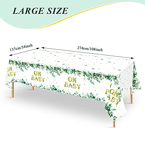 3 Packs Sage Greenery Oh Baby Plastic Tablecloths Baby Shower Party Decorations Eucalyptus Leaf Tablecloth Gold Foil Disposable Green Leaves Eucalyptus Table Cover for Home Sage Neutral Party Supplies