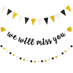 3 pieces we will miss you going away farewell banner decoration gold black glitter dot circle garland triangle flag banner for retirement graduation going away party gifts decorations