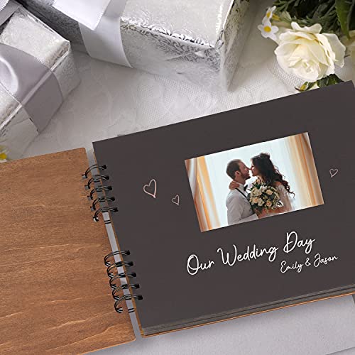 Creawoo 11’’ Mr&Mrs Wooden Guest Book Album Memory Keepsake for Wedding Anniversary Birthday with 80 Pages Blank Black Cardstocks - Available at Least 160 Pictures