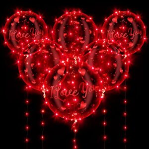 valentines day red led balloons, 6 pack 20in lighted up balloons i love you bobo bubble transparent helium balloons with 10ft red string lights for dating wedding anniversary decorations