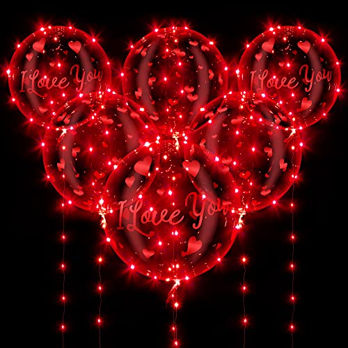 Valentines Day Red LED Balloons, 6 Pack 20in Lighted Up Balloons I love You BoBo Bubble Transparent Helium Balloons with 10ft Red String Lights for Dating Wedding Anniversary Decorations