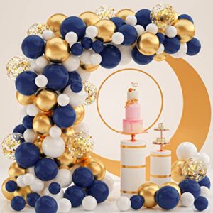 navy blue balloons garland kit, 120 pcs navy and gold confetti white balloons arch with 16ft tape strip & dot glue for party wedding birthday diy decoration