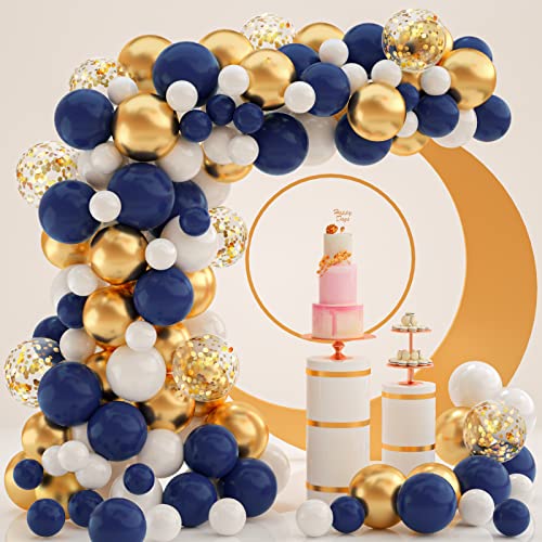 Navy Blue Balloons Garland Kit, 120 pcs Navy and Gold Confetti White Balloons Arch with 16ft Tape Strip & Dot Glue for Party Wedding Birthday DIY Decoration