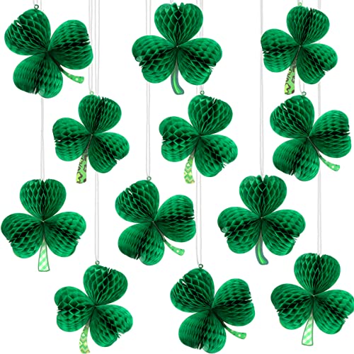12 Pcs St. Patrick's Day Honeycomb Decoration St Patrick's Day Hanging Ornaments Shamrock Gold Clover Hat Beer Mug Irish Elf Shoes Honeycomb for St. Patrick's Day Party Decor (Clover)