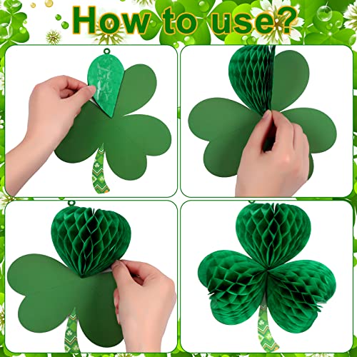 12 Pcs St. Patrick's Day Honeycomb Decoration St Patrick's Day Hanging Ornaments Shamrock Gold Clover Hat Beer Mug Irish Elf Shoes Honeycomb for St. Patrick's Day Party Decor (Clover)