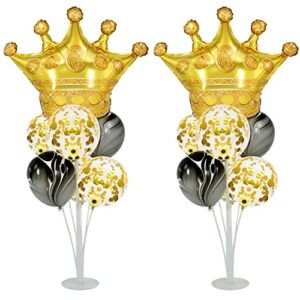 black gold crown balloon stand kit for table 2 set with 2 gold crown balloons 9 gold confetti 4 black marble balloons, great for bachelorette wedding baby shower queen birthday party decorations
