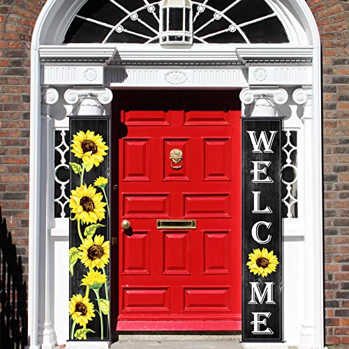 Sunflower Hanging Banners Spring Welcome Porch Banners Flags Fall Door Banners Flag Summer Hanging Banner for Front Door Garden Home Yard Sunflower Party Decorations (Black Background)