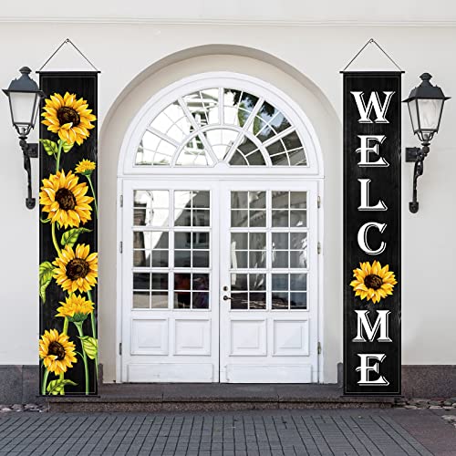 Sunflower Hanging Banners Spring Welcome Porch Banners Flags Fall Door Banners Flag Summer Hanging Banner for Front Door Garden Home Yard Sunflower Party Decorations (Black Background)