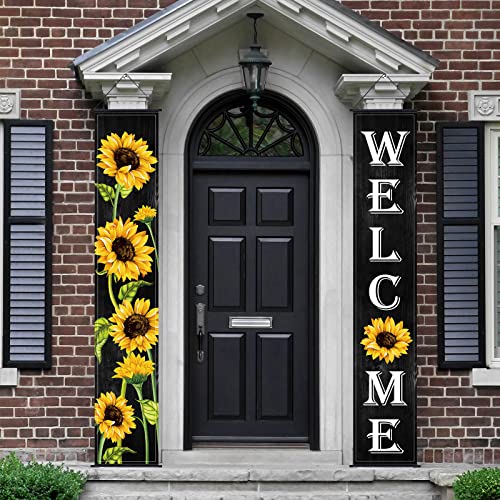 Sunflower Hanging Banners Spring Welcome Porch Banners Flags Fall Door Banners Flag Summer Hanging Banner for Front Door Garden Home Yard Sunflower Party Decorations (Black Background)