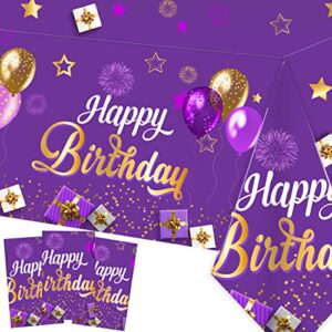 ssailue decor 3pcs happy birthday tablecloth purple and gold birthday decorations for girls women disposable plastic rectangular table covers 43”x 70” for birthday party supplies