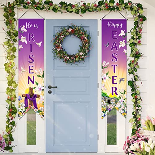 Happy Easter Banner He Is Risen Porch Sign Easter Decoration Hanging Banner Jesus Cross Religious Background Easter Eggs Photo Prop Holiday Door Backdrop for Home Outdoor Indoor Easter Party Supplies