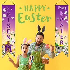 Happy Easter Banner He Is Risen Porch Sign Easter Decoration Hanging Banner Jesus Cross Religious Background Easter Eggs Photo Prop Holiday Door Backdrop for Home Outdoor Indoor Easter Party Supplies