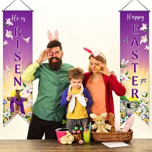 Happy Easter Banner He Is Risen Porch Sign Easter Decoration Hanging Banner Jesus Cross Religious Background Easter Eggs Photo Prop Holiday Door Backdrop for Home Outdoor Indoor Easter Party Supplies