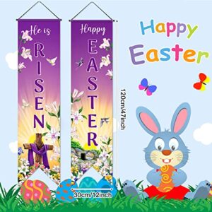 Happy Easter Banner He Is Risen Porch Sign Easter Decoration Hanging Banner Jesus Cross Religious Background Easter Eggs Photo Prop Holiday Door Backdrop for Home Outdoor Indoor Easter Party Supplies