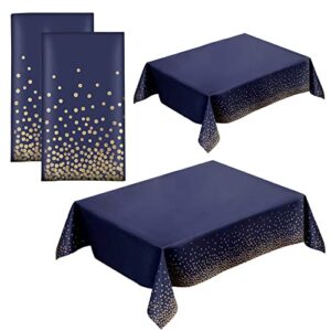 2 pack blue with gold dots tablecloth plastic disposable blue tablecloths for rectangle tables 54″ x 108″ navy blue and gold dots table cover for parties