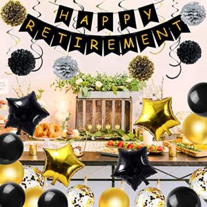 Retirement Party Decorations - Retirement Party Supplies with Happy Retirement Banner Latex Balloons Retired Sash Paper Pom Poms Hanging Swirls Foil Balloons for Women and Men (Black Gold)