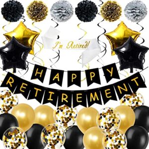 Retirement Party Decorations - Retirement Party Supplies with Happy Retirement Banner Latex Balloons Retired Sash Paper Pom Poms Hanging Swirls Foil Balloons for Women and Men (Black Gold)