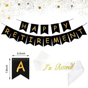 Retirement Party Decorations - Retirement Party Supplies with Happy Retirement Banner Latex Balloons Retired Sash Paper Pom Poms Hanging Swirls Foil Balloons for Women and Men (Black Gold)