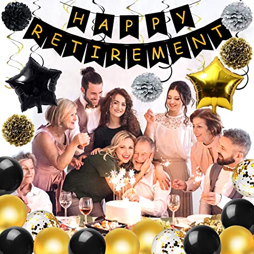 Retirement Party Decorations - Retirement Party Supplies with Happy Retirement Banner Latex Balloons Retired Sash Paper Pom Poms Hanging Swirls Foil Balloons for Women and Men (Black Gold)