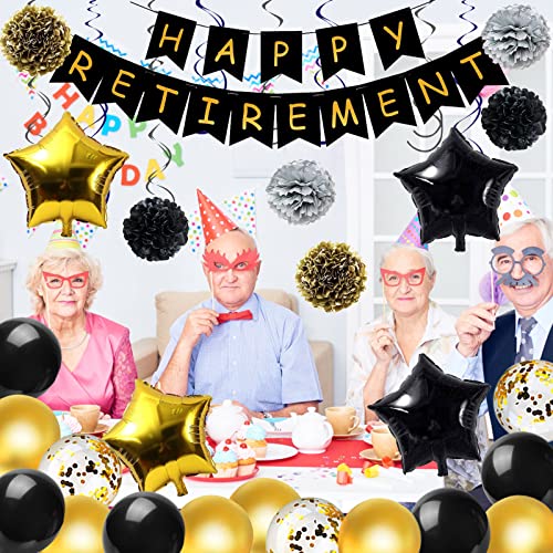 Retirement Party Decorations - Retirement Party Supplies with Happy Retirement Banner Latex Balloons Retired Sash Paper Pom Poms Hanging Swirls Foil Balloons for Women and Men (Black Gold)