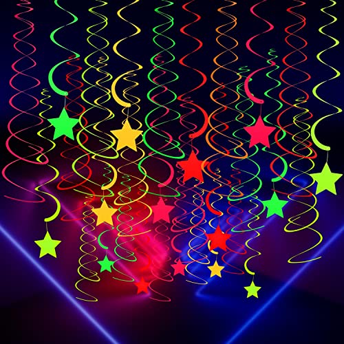 50 Pieces Glow Party Supplies Hanging Swirl Decorations Neon Star Swirl Hanging Decorations for Neon Party Glow Party Ceiling Decorations