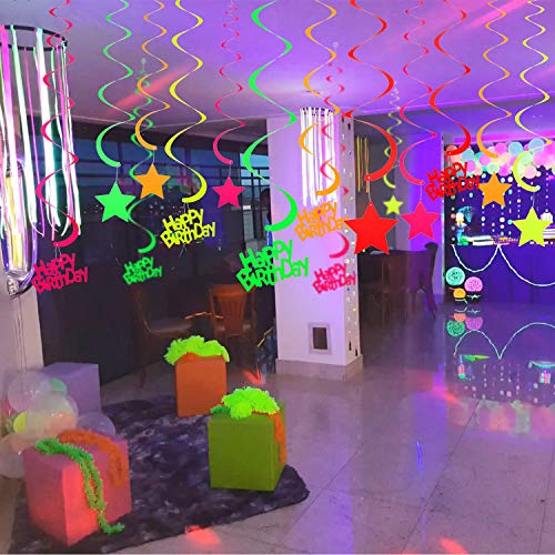 50 Pieces Glow Party Supplies Hanging Swirl Decorations Neon Star Swirl Hanging Decorations for Neon Party Glow Party Ceiling Decorations