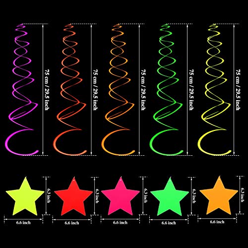 50 Pieces Glow Party Supplies Hanging Swirl Decorations Neon Star Swirl Hanging Decorations for Neon Party Glow Party Ceiling Decorations