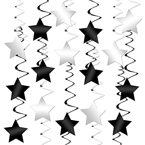 Black and Silver Star Hanging Swirls - Pack of 32 | Silver and Black Star Hanging Swirl for Black and Silver Party Decorations, Raiders Party Decorations | Hanging Black and White Party Decorations