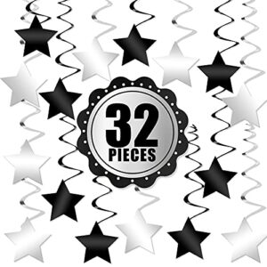 Black and Silver Star Hanging Swirls - Pack of 32 | Silver and Black Star Hanging Swirl for Black and Silver Party Decorations, Raiders Party Decorations | Hanging Black and White Party Decorations