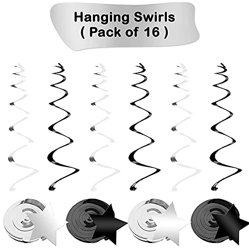 Black and Silver Star Hanging Swirls - Pack of 32 | Silver and Black Star Hanging Swirl for Black and Silver Party Decorations, Raiders Party Decorations | Hanging Black and White Party Decorations