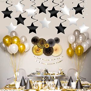 Black and Silver Star Hanging Swirls - Pack of 32 | Silver and Black Star Hanging Swirl for Black and Silver Party Decorations, Raiders Party Decorations | Hanging Black and White Party Decorations