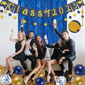 Graduation Party Decorations 2023-Blue and Gold Class of 2023 Banner Paper Pompoms, Congrats Grad Foil Fringe Curtain Backdrop and Senior Graduation Party Balloons Decorations Supplies