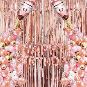 rose gold birthday decorations for women, include happy birthday banner, rose gold champagne balloon garland arch kit and 2pcs rose gold fringe curtain