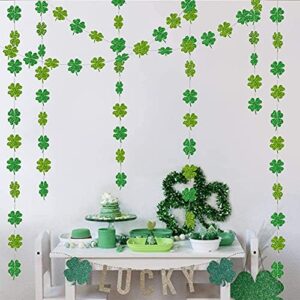 Glitter Shamrock Clover Garland for St Patricks Day Decorations Spring Party Garlands Streamer Banner Backdrop Hanging Saint Clover Decor Irish Baby Shower Wedding Birthday Parties Supplies