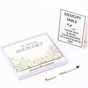 oeicyua funeral guest book – hardcover in loving memory guest sign in book – elegant white flower decoration – with share a memory table stand – 200 guests entries with name & address.