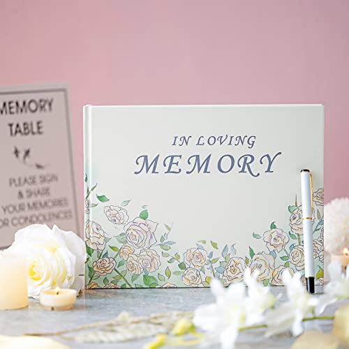 OEICYUA Funeral Guest Book - Hardcover in Loving Memory Guest Sign in Book - Elegant White Flower Decoration - with Share a Memory Table Stand - 200 Guests Entries with Name & Address.