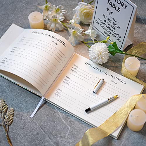OEICYUA Funeral Guest Book - Hardcover in Loving Memory Guest Sign in Book - Elegant White Flower Decoration - with Share a Memory Table Stand - 200 Guests Entries with Name & Address.