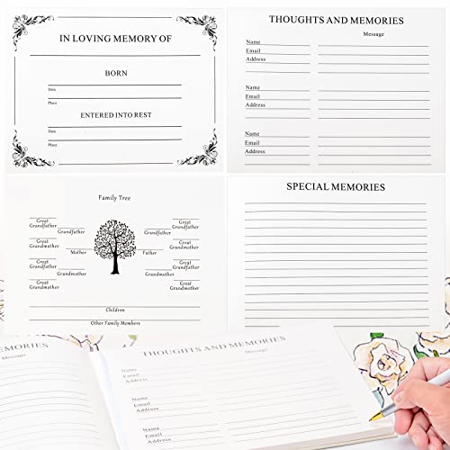 OEICYUA Funeral Guest Book - Hardcover in Loving Memory Guest Sign in Book - Elegant White Flower Decoration - with Share a Memory Table Stand - 200 Guests Entries with Name & Address.