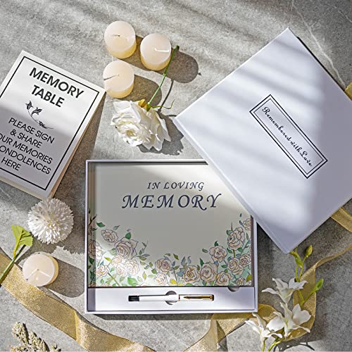 OEICYUA Funeral Guest Book - Hardcover in Loving Memory Guest Sign in Book - Elegant White Flower Decoration - with Share a Memory Table Stand - 200 Guests Entries with Name & Address.