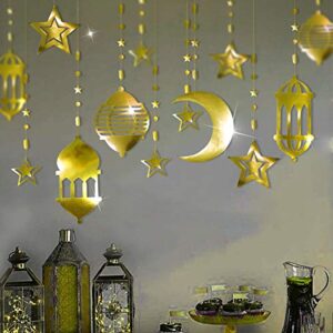 16pcs Islamic Gold Star Crescent Moon Lantern Ramadan Garland EID Decoration Home Happy Ramadan Mubarak Party Decor Hanging Streamer Wedding Backdrop Banner Aladdin Birthday Party Supplies