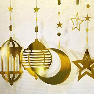 16pcs Islamic Gold Star Crescent Moon Lantern Ramadan Garland EID Decoration Home Happy Ramadan Mubarak Party Decor Hanging Streamer Wedding Backdrop Banner Aladdin Birthday Party Supplies