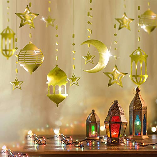 16pcs Islamic Gold Star Crescent Moon Lantern Ramadan Garland EID Decoration Home Happy Ramadan Mubarak Party Decor Hanging Streamer Wedding Backdrop Banner Aladdin Birthday Party Supplies