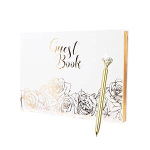 guest book for wedding, wedding guest book – registry sign-in book for wedding, reception, birthday, baby shower – white guestbook/bookmark & gold rose floral design – 8.5″ x 6″ (100 pages)
