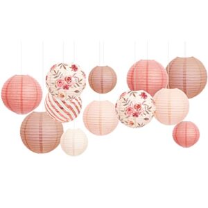 nicrolandee wedding party decorations – 12pcs rose gold vintage floral paper lanterns hanging decorations for engagement, anniversary, bridal shower, baby shower, bachelorette, birthday party