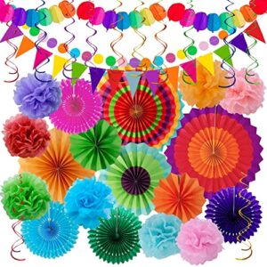 huryfox fiesta party decorations – 33pcs colorful mexican themed hanging paper fans, rainbow paper pom poms, fiesta bunting and tissue paper streamers for birthday, festival, and rainbow parties