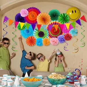 Huryfox Fiesta Party Decorations - 33pcs Colorful Mexican Themed Hanging Paper Fans, Rainbow Paper Pom Poms, Fiesta Bunting and Tissue Paper Streamers for Birthday, Festival, and Rainbow Parties