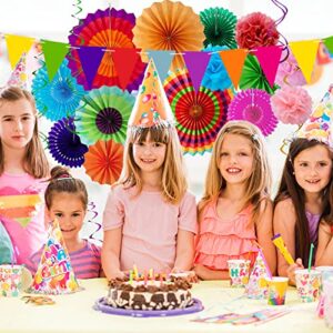 Huryfox Fiesta Party Decorations - 33pcs Colorful Mexican Themed Hanging Paper Fans, Rainbow Paper Pom Poms, Fiesta Bunting and Tissue Paper Streamers for Birthday, Festival, and Rainbow Parties