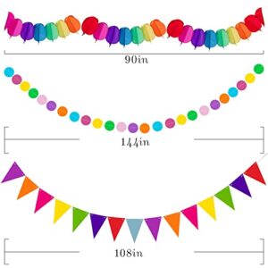 Huryfox Fiesta Party Decorations - 33pcs Colorful Mexican Themed Hanging Paper Fans, Rainbow Paper Pom Poms, Fiesta Bunting and Tissue Paper Streamers for Birthday, Festival, and Rainbow Parties