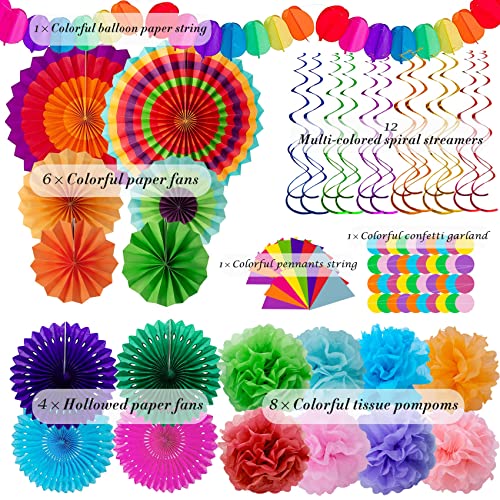 Huryfox Fiesta Party Decorations - 33pcs Colorful Mexican Themed Hanging Paper Fans, Rainbow Paper Pom Poms, Fiesta Bunting and Tissue Paper Streamers for Birthday, Festival, and Rainbow Parties